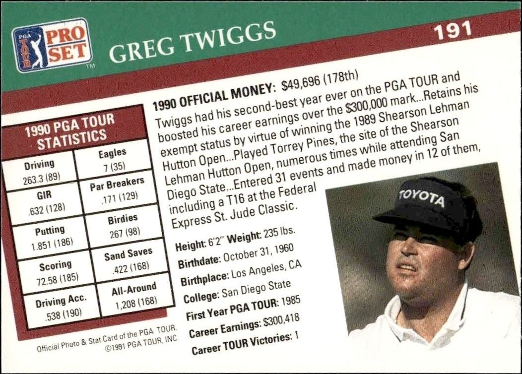 1991 Pro Set Pga Tour Greg Twiggs #191 golf trading card back