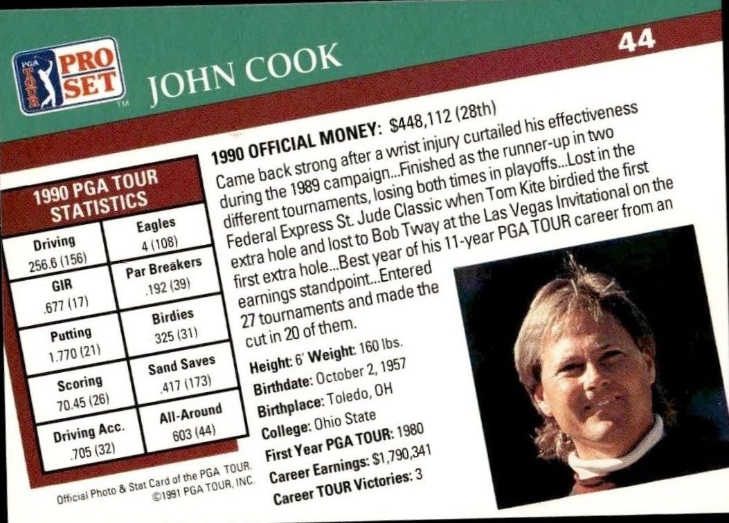 1991 Pro Set Pga Tour John Cook #44 golf trading card back