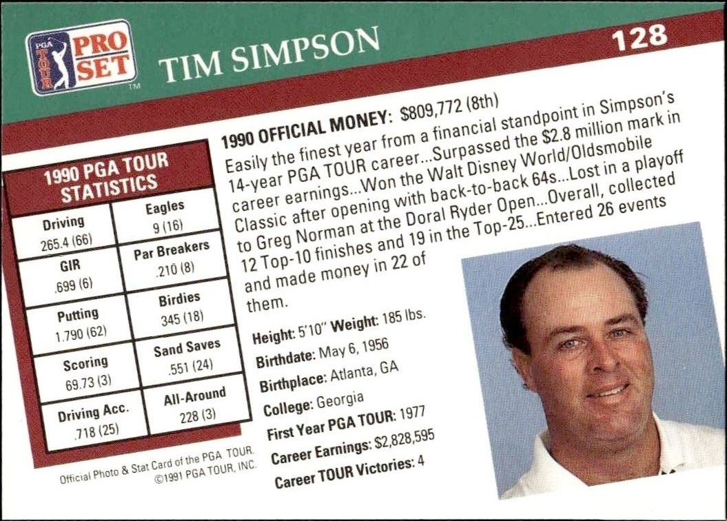 1991 Pro Set Pga Tour Tim Simpson #128 golf trading card back