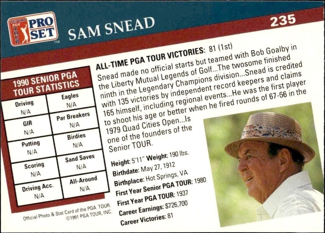 1991 Pro Set Pga Tour Sam Snead #235 golf trading card back