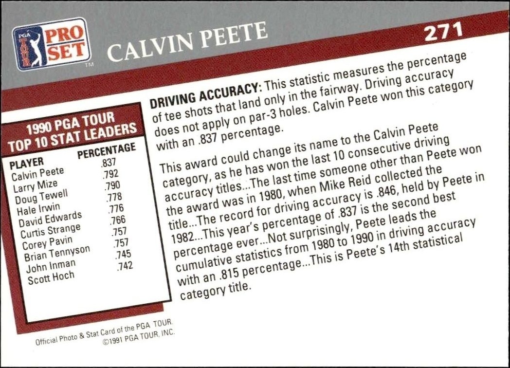1991 Pro Set Pga Tour Calvin Peete #271 golf trading card back