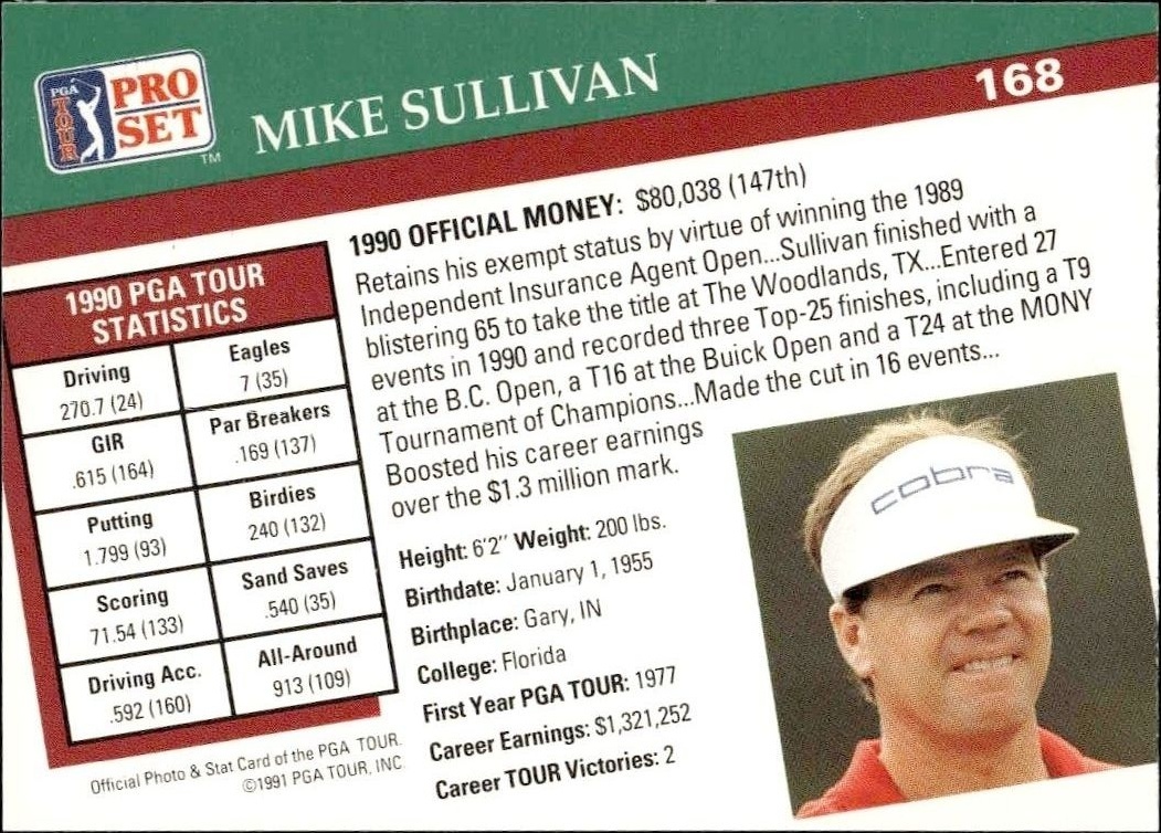 1991 Pro Set Pga Tour Mike Sullivan #168 golf trading card back