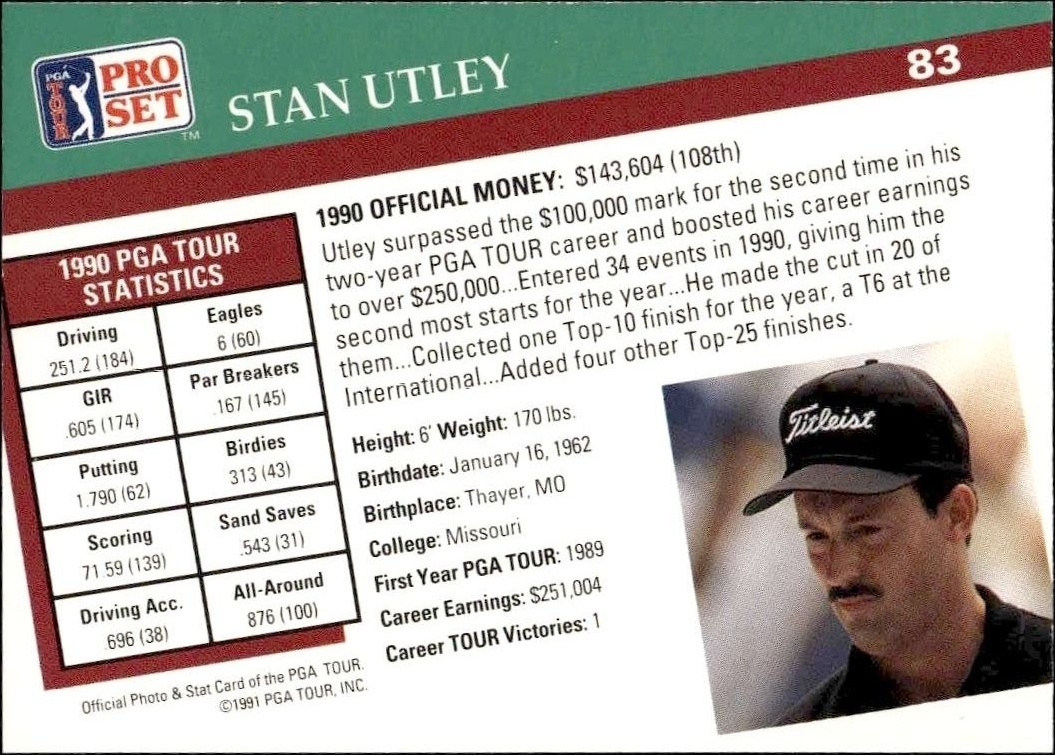 1991 Pro Set Pga Tour Stan Utley #83 golf trading card back