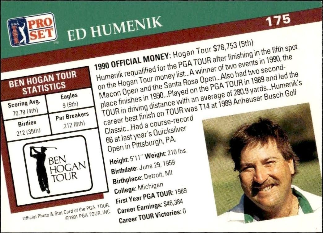 1991 Pro Set Pga Tour Ed Humenik #175 golf trading card back