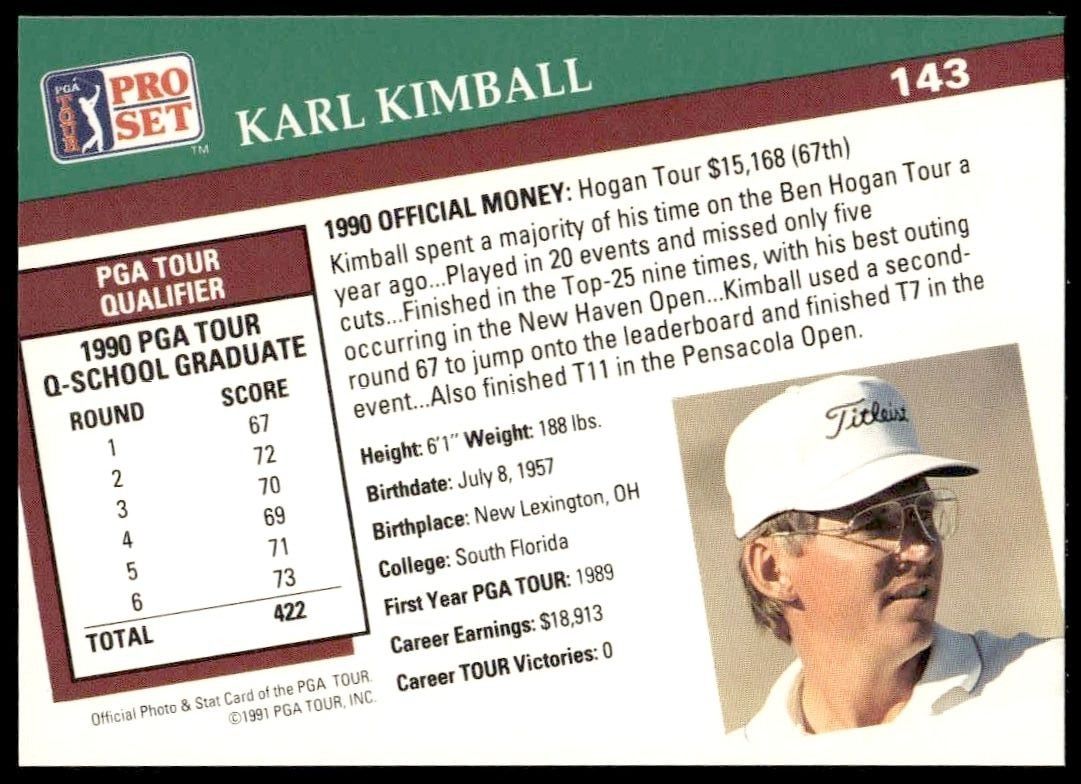 1991 Pro Set Pga Tour Karl Kimball #143 golf trading card back
