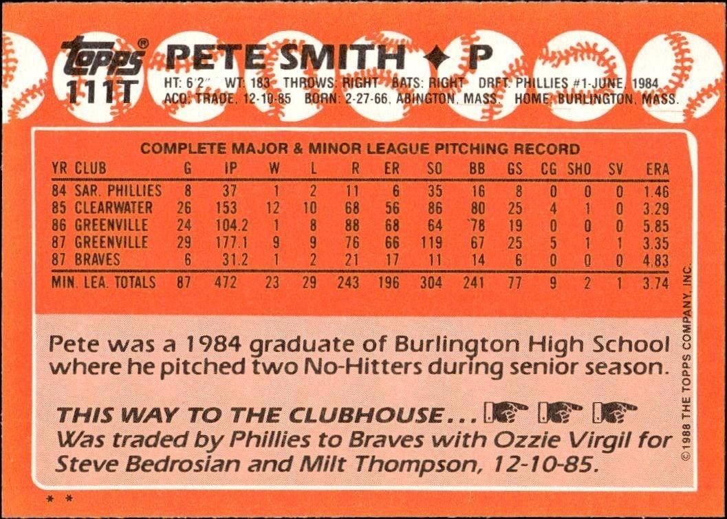 1988 Topps Traded Pete Smith #111T baseball trading card back