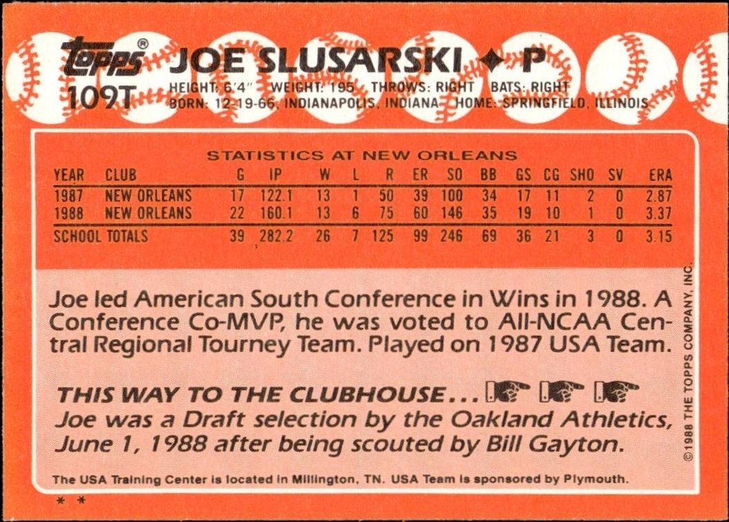 1988 Topps Traded Joe Slusarski #109T baseball trading card back