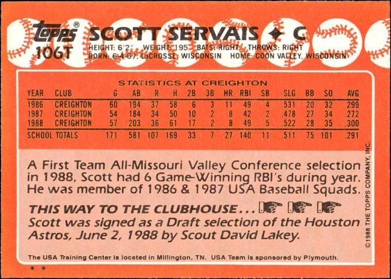 1988 Topps Traded Scott Servais #106T baseball trading card back