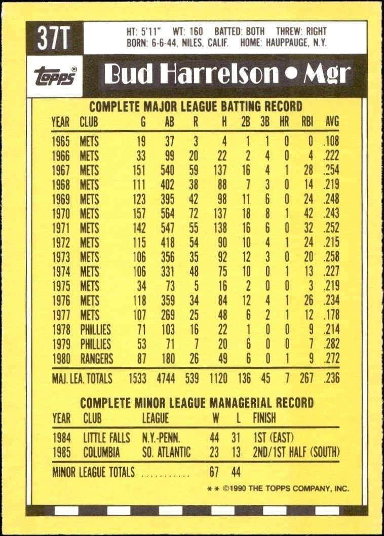1990 Topps Traded Bud Harrelson #37T baseball trading card back