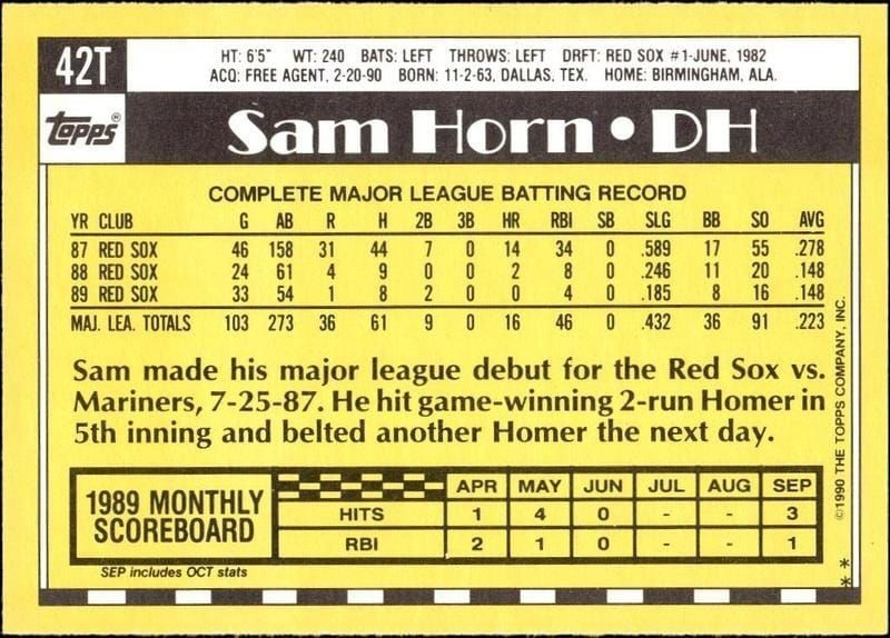 1990 Topps Traded Sam Horn #42T baseball trading card back
