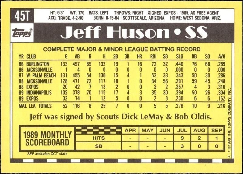 1990 Topps Traded Jeff Huson #45T baseball trading card back