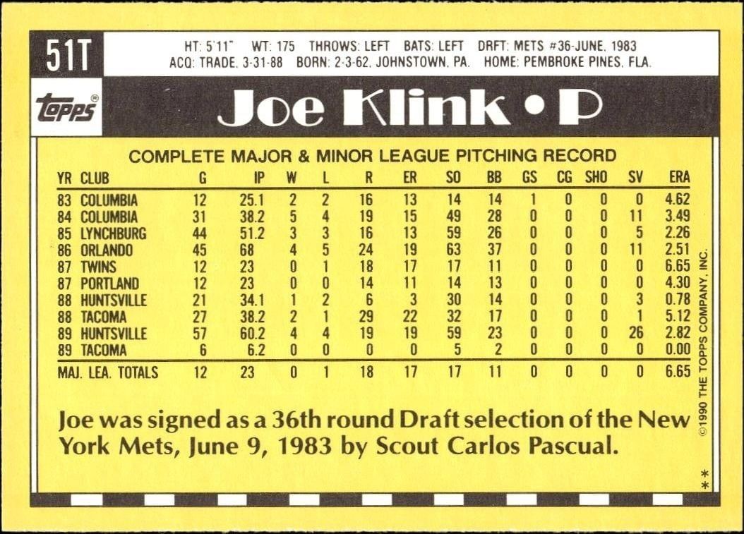 1990 Topps Traded Joe Klink #51T baseball trading card back