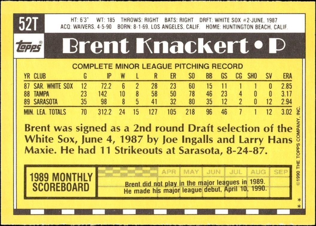 1990 Topps Traded Brent Knackert #52T baseball trading card back