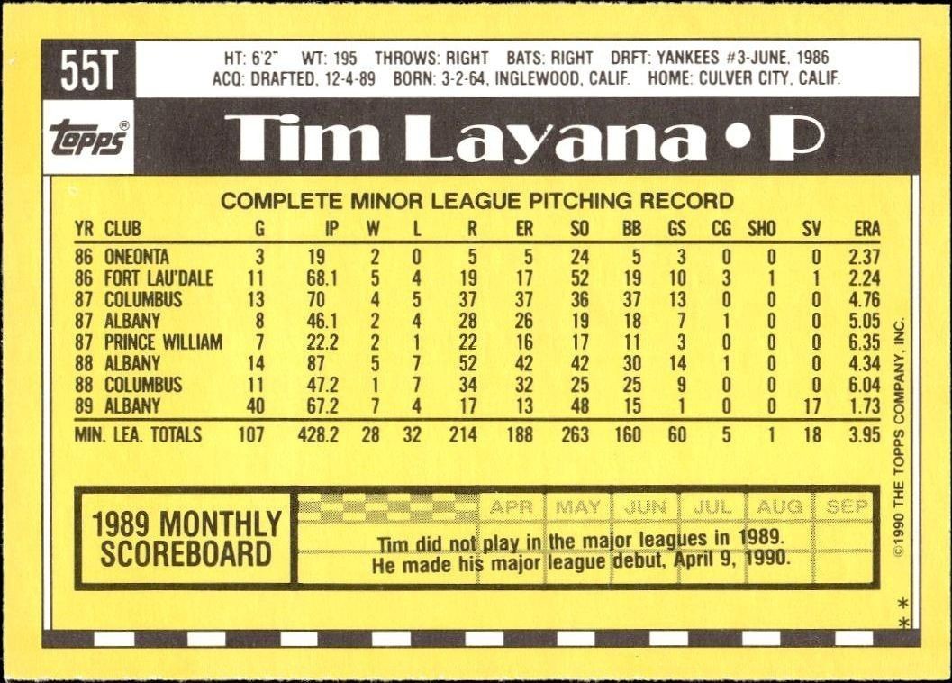 1990 Topps Traded Tim Layana #55T baseball trading card back