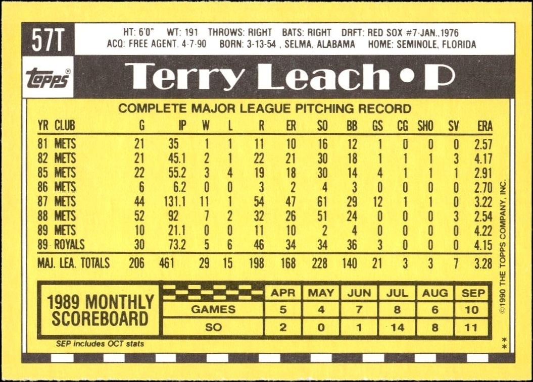 1990 Topps Traded Terry Leach #57T baseball trading card back