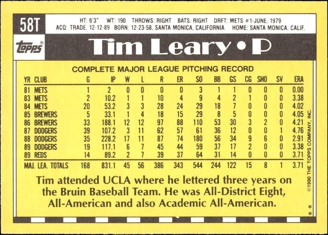 1990 Topps Traded Tim Leary #58T baseball trading card back