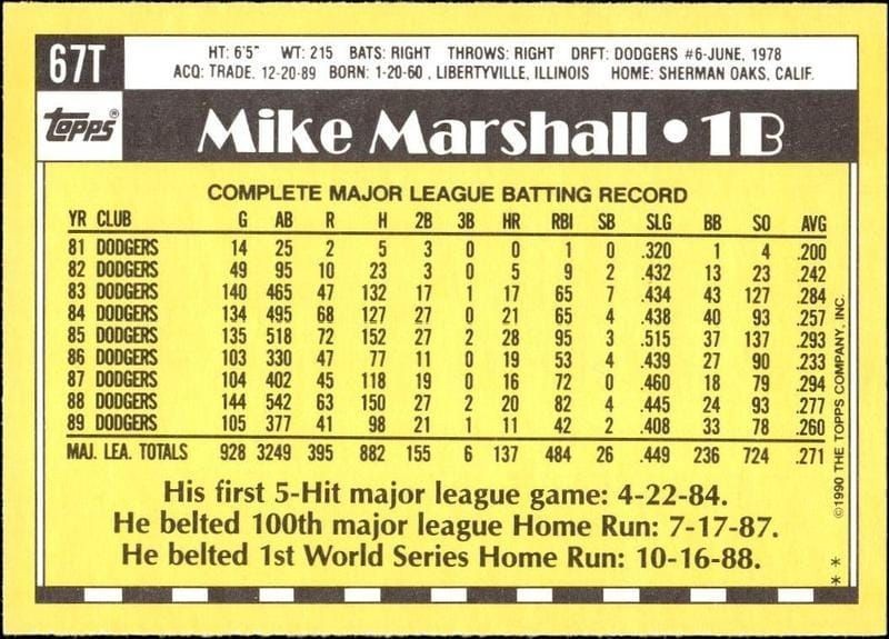 1990 Topps Traded Mike Marshall #67T baseball trading card back