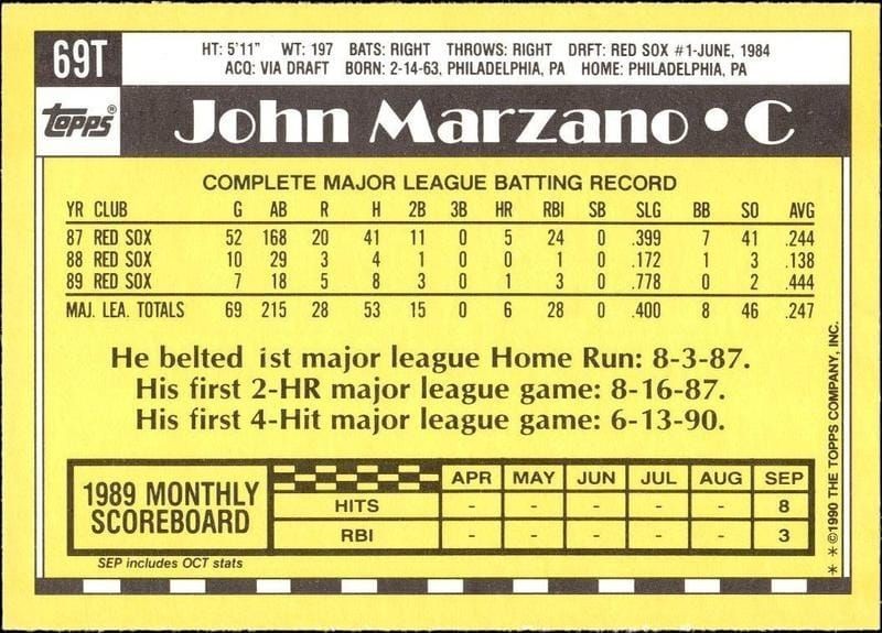 1990 Topps Traded John Marzano #69T baseball trading card back