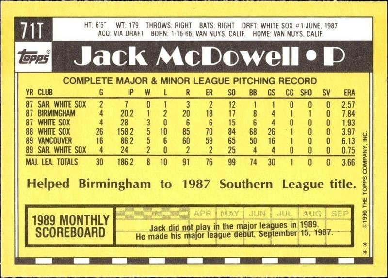 1990 Topps Traded Jack McDowell #71T baseball trading card back