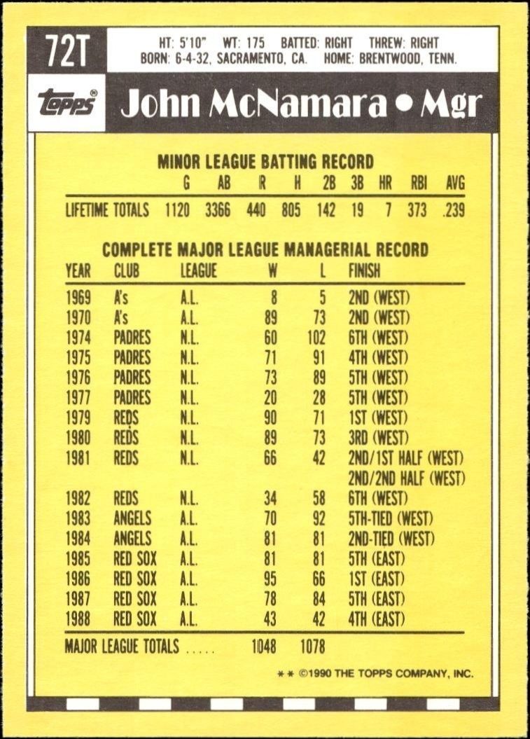 1990 Topps Traded John McNamara #72T baseball trading card back