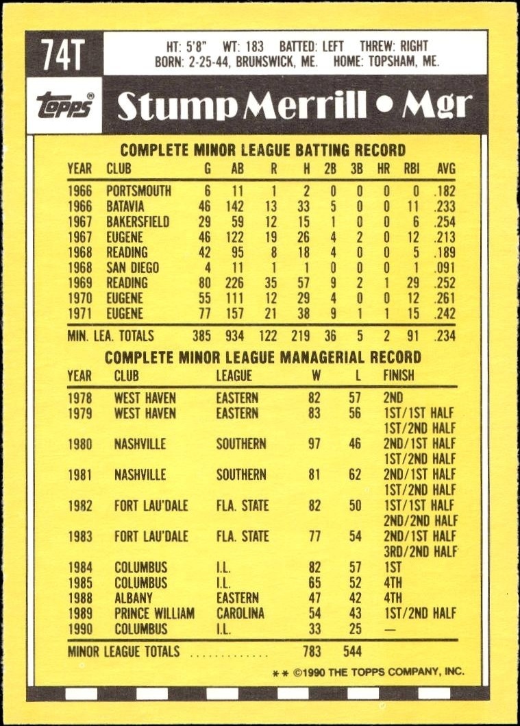 1990 Topps Traded Stump Merrill #74T baseball trading card back