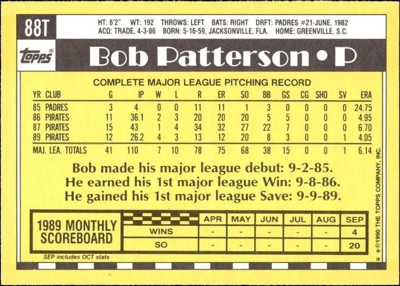 1990 Topps Traded Bob Patterson #88T baseball trading card back