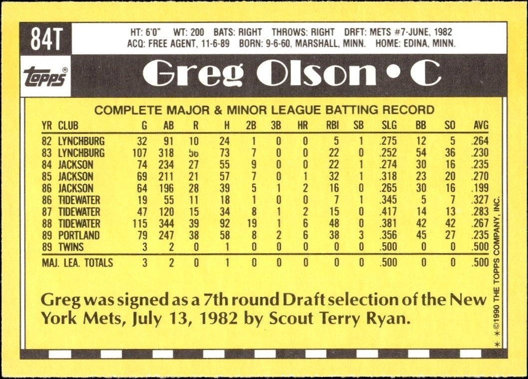 1990 Topps Traded Greg Olson #84T baseball trading card back
