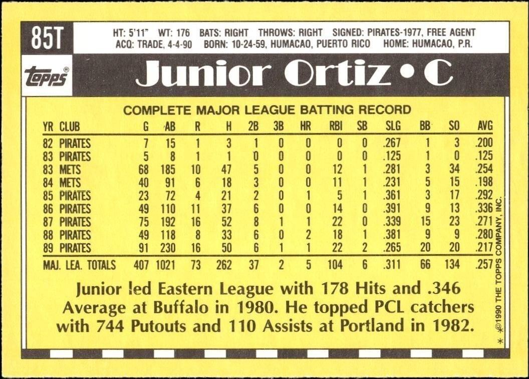 1990 Topps Traded Junior Ortiz #85T baseball trading card back