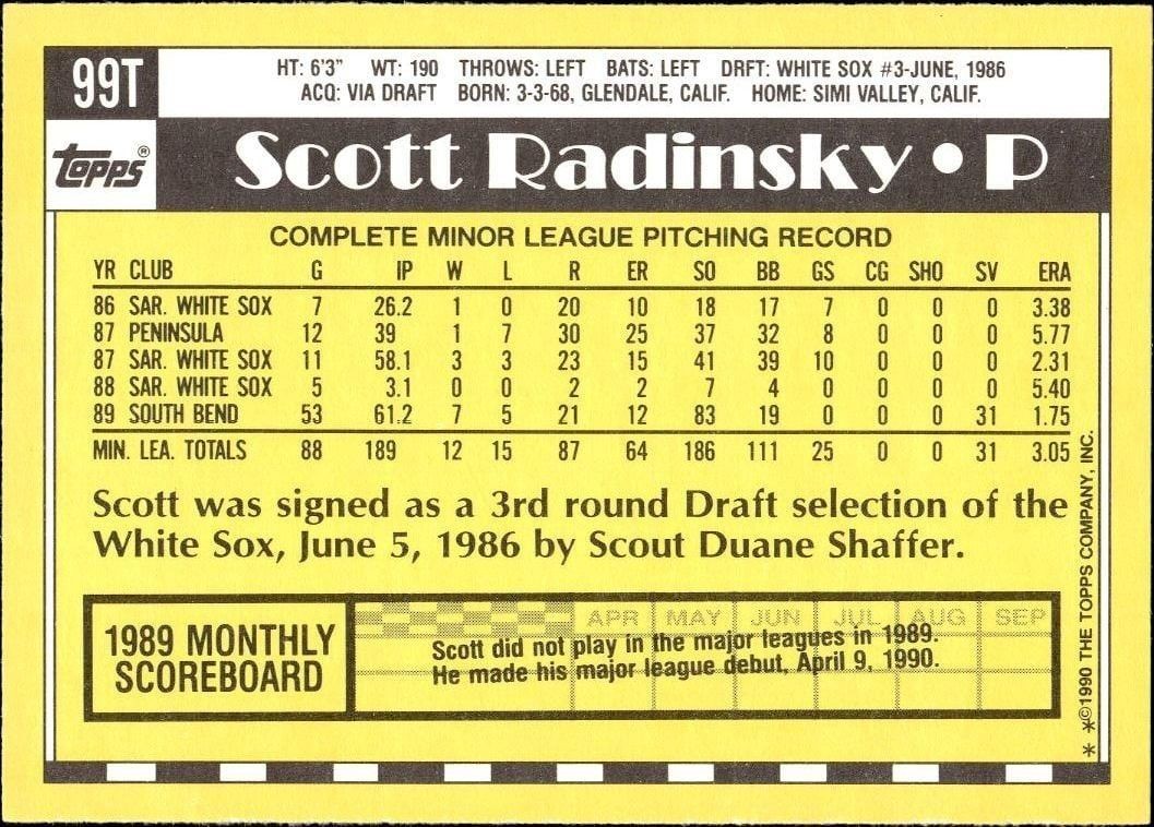 1990 Topps Traded Scott Radinsky #99T baseball trading card back