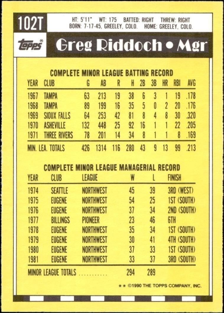 1990 Topps Traded Greg Riddoch #102T baseball trading card back