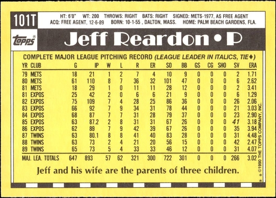 1990 Topps Traded Jeff Reardon #101T baseball trading card back