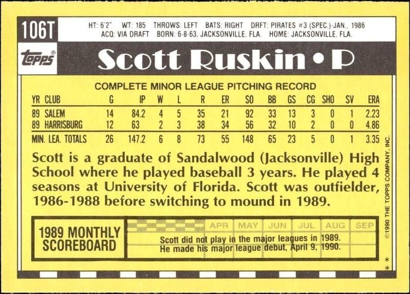1990 Topps Traded Scott Ruskin #106T baseball trading card back