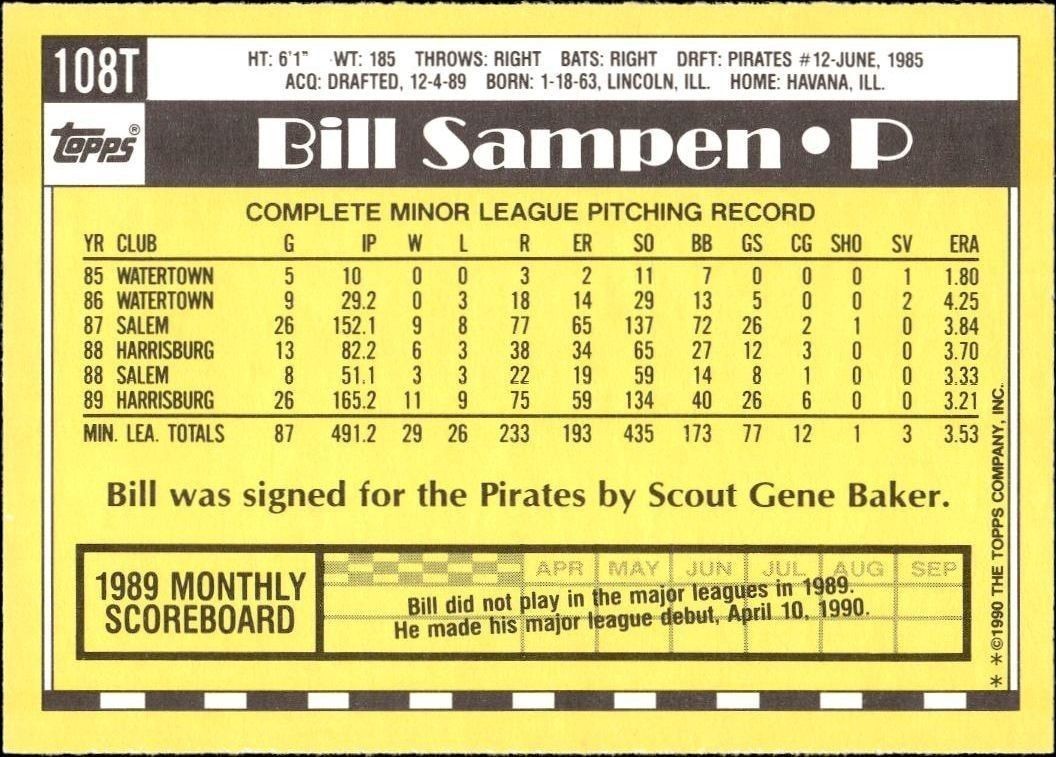 1990 Topps Traded Bill Sampen #108T baseball trading card back