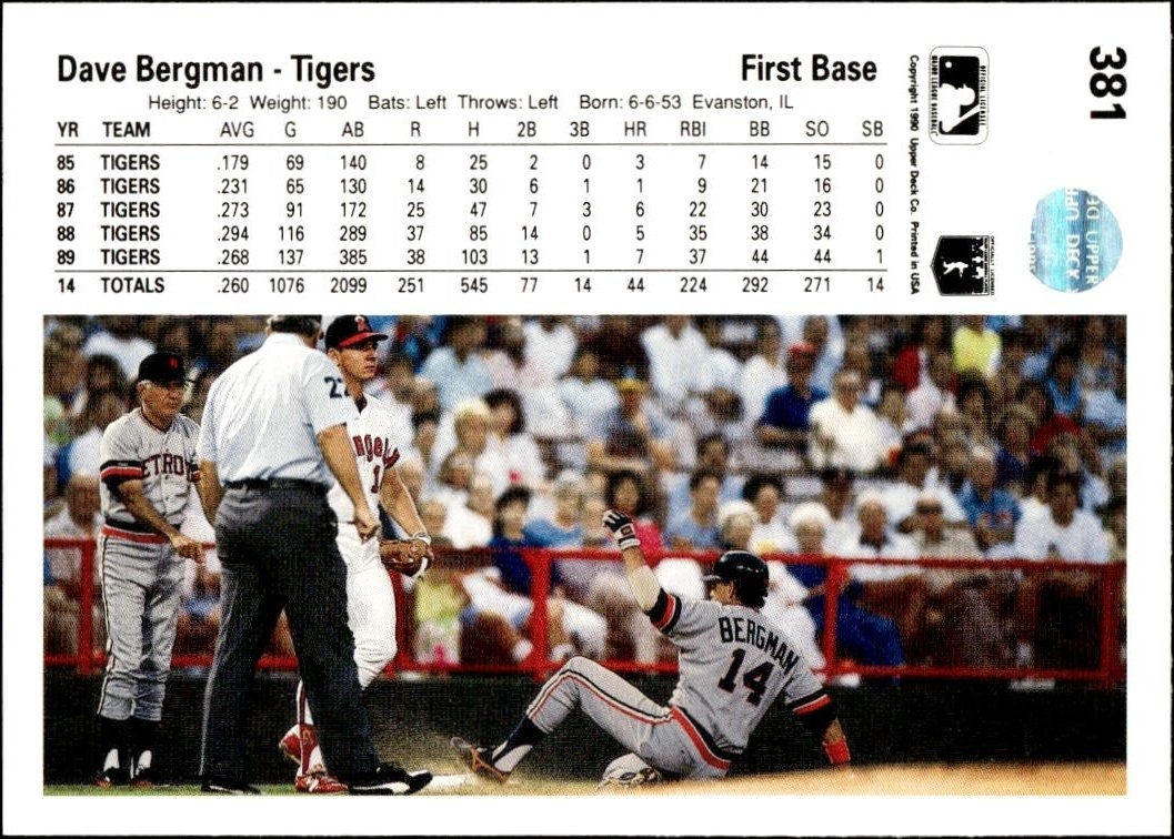 1990 Upper Deck Dave Bergman #381 baseball trading card back