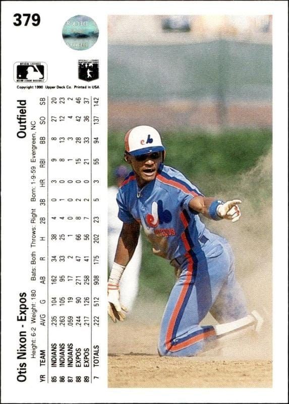 1990 Upper Deck Otis Nixon #379 baseball trading card back