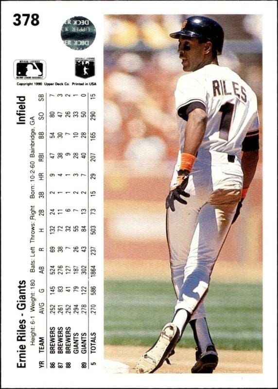 1990 Upper Deck Ernie Riles #378 baseball trading card back