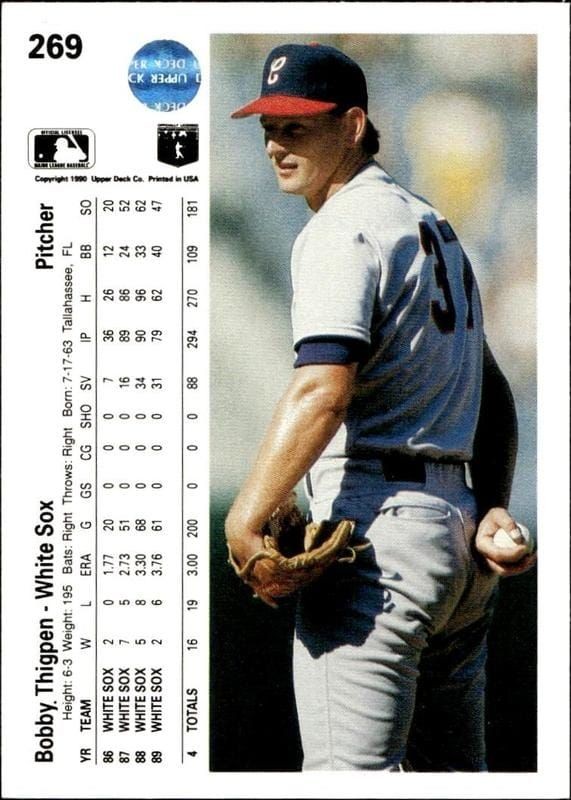 1990 Upper Deck Bobby Thigpen #269 baseball trading card back
