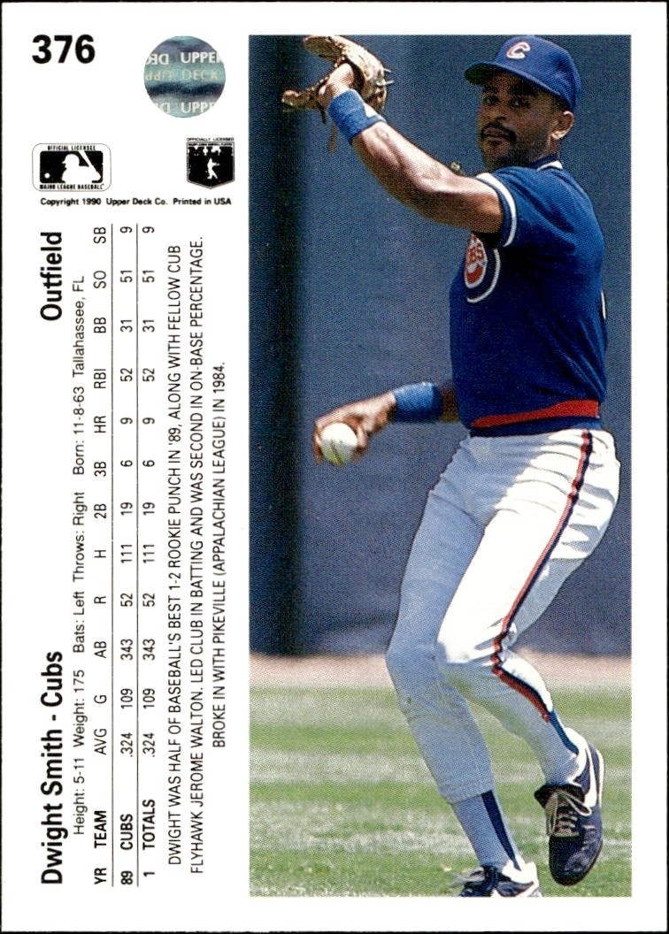 1990 Upper Deck Dwight Smith #376 baseball trading card back