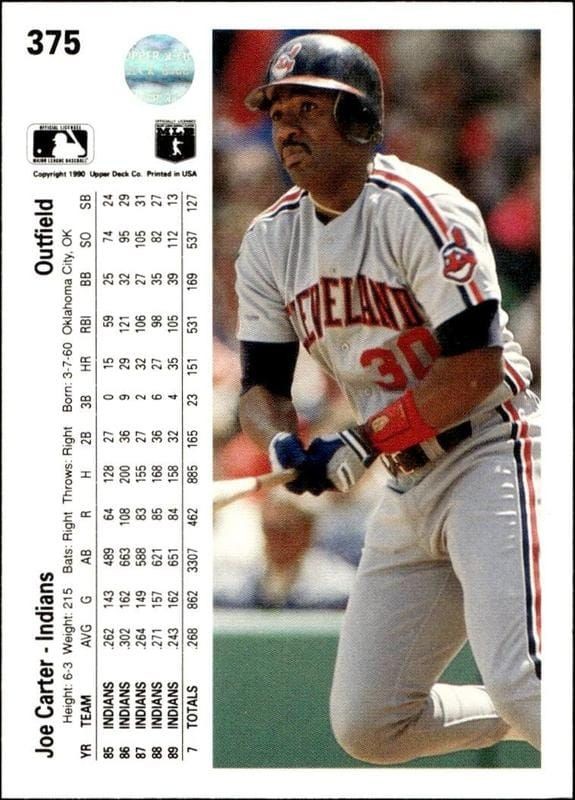 1990 Upper Deck Joe Carter #375 baseball trading card back