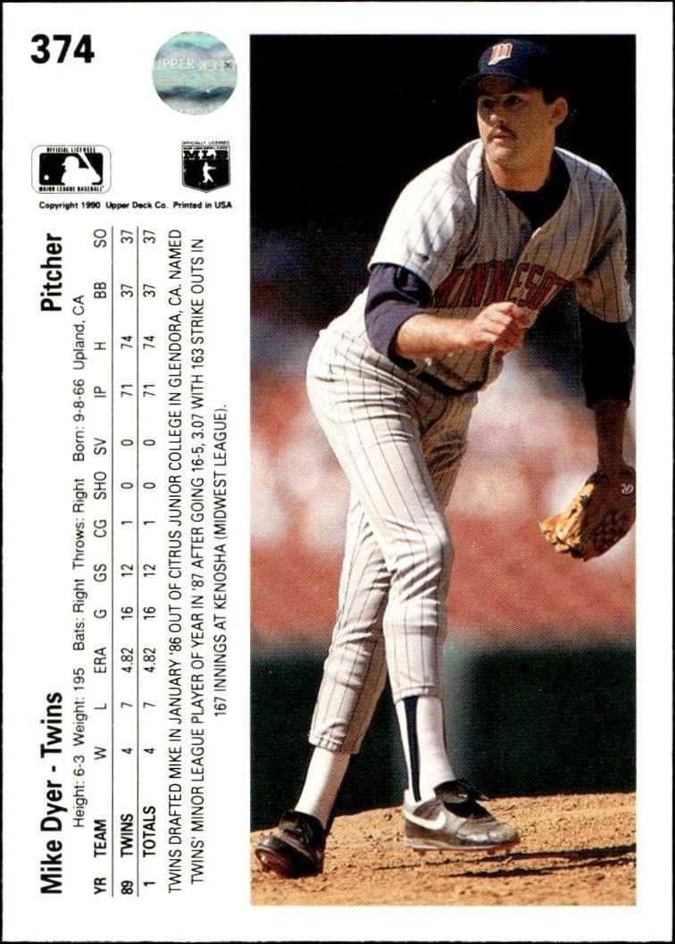 1990 Upper Deck Mike Dyer #374 baseball trading card back