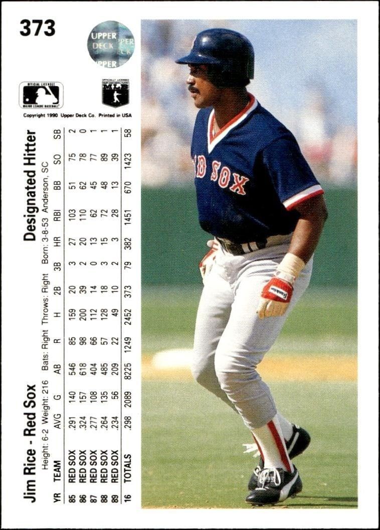 1990 Upper Deck Jim Rice #373 baseball trading card back