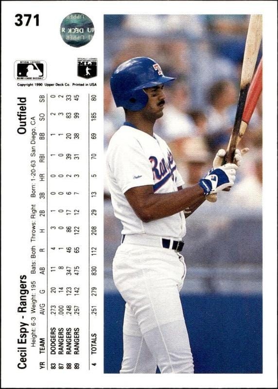 1990 Upper Deck Cecil Espy #371 baseball trading card back