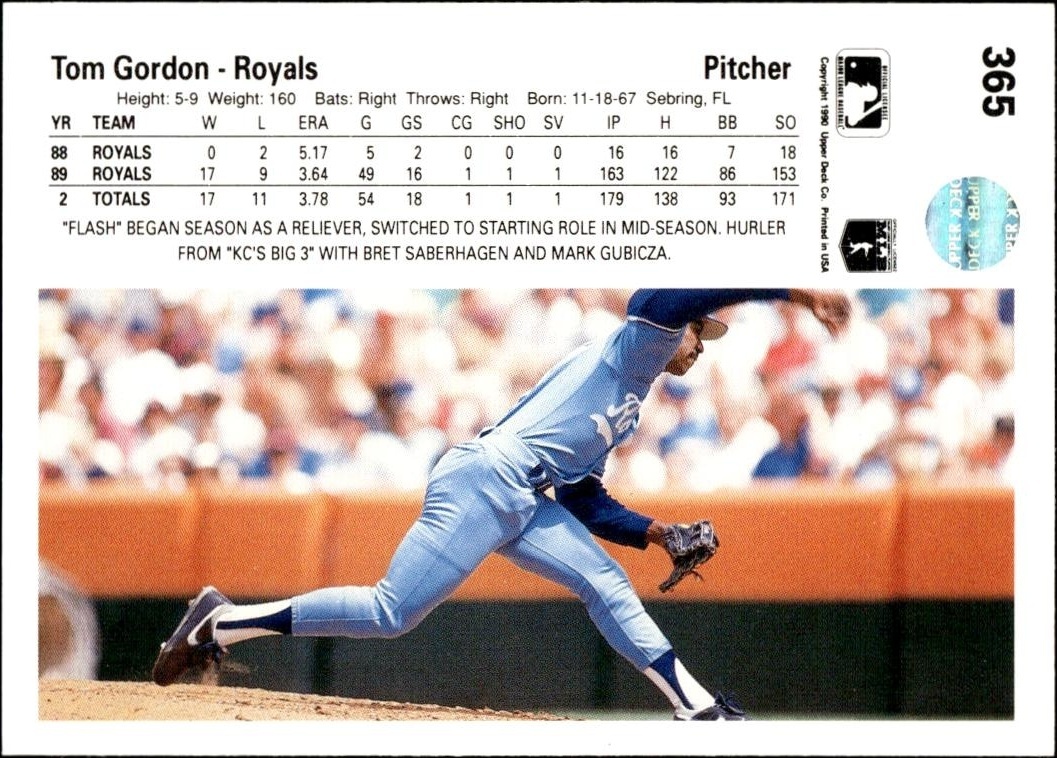 1990 Upper Deck Tom Gordon #365 baseball trading card back