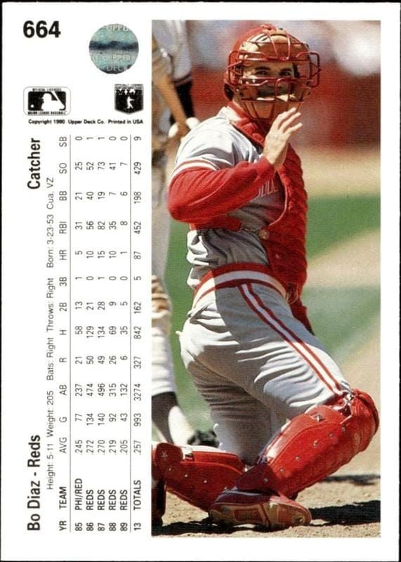 1990 Upper Deck Bo Diaz #664 baseball trading card back