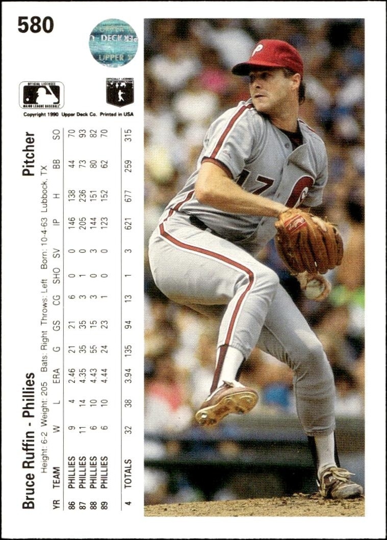 1990 Upper Deck Bruce Ruffin #580 baseball trading card back