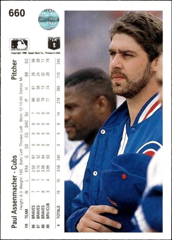 1990 Upper Deck Paul Assenmacher #660 baseball trading card back