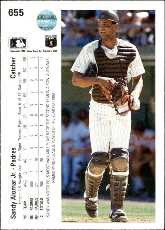 1990 Upper Deck Sandy Alomar, Jr. #655 baseball trading card back