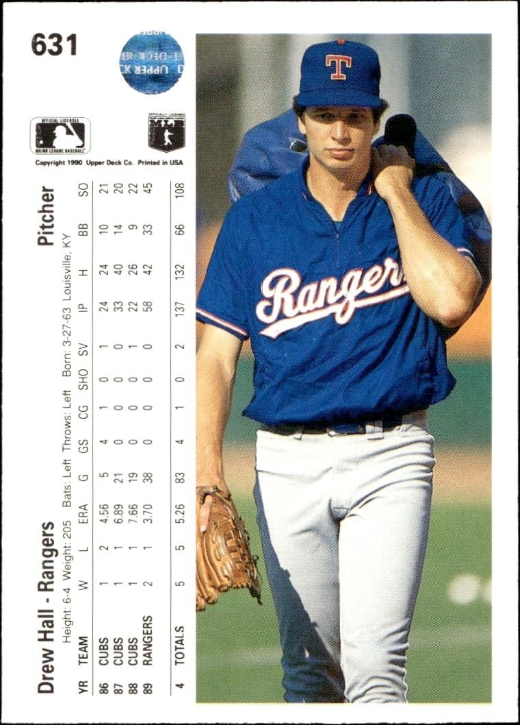 1990 Upper Deck Drew Hall #631 baseball trading card back