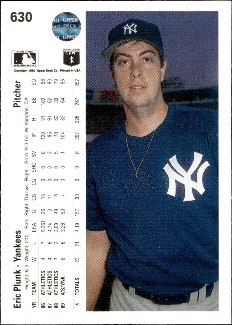 1990 Upper Deck Eric Plunk #630 baseball trading card back
