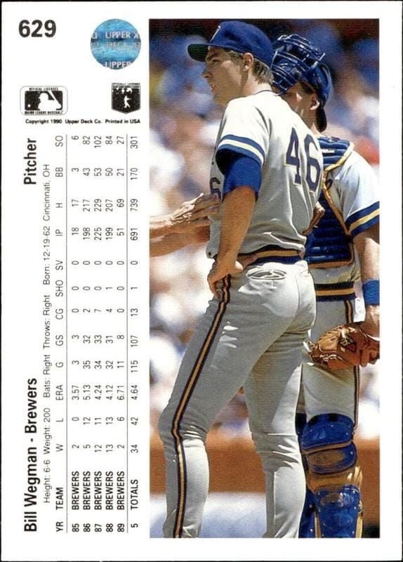 1990 Upper Deck Bill Wegman #629 baseball trading card back